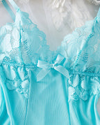 Sexy Deep V Flower Lace Mesh See-through Suspender Nightdress