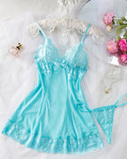 Sexy Deep V Flower Lace Mesh See-through Suspender Nightdress