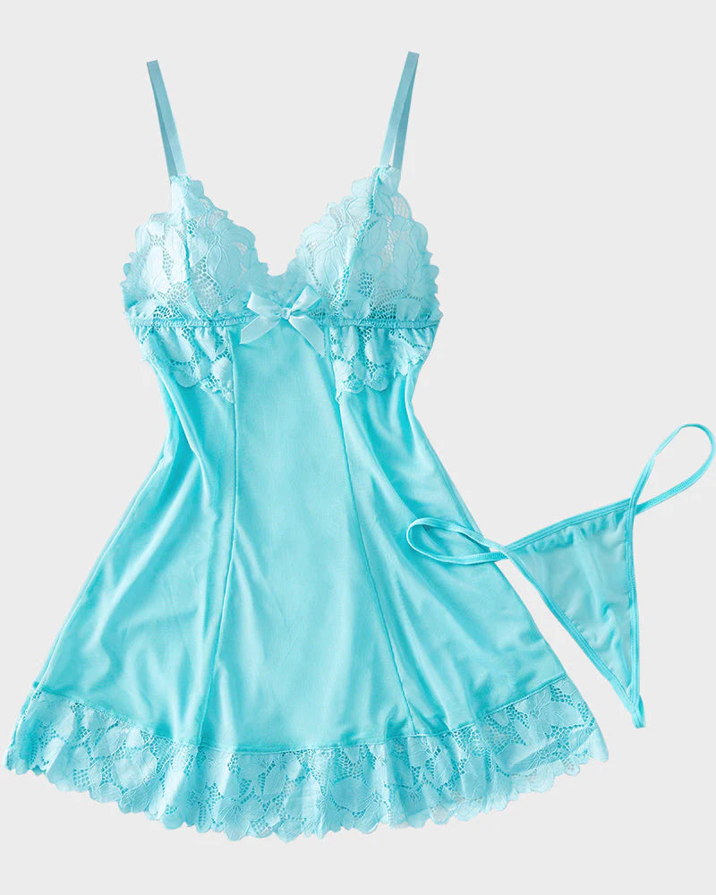 Sexy Deep V Flower Lace Mesh See-through Suspender Nightdress