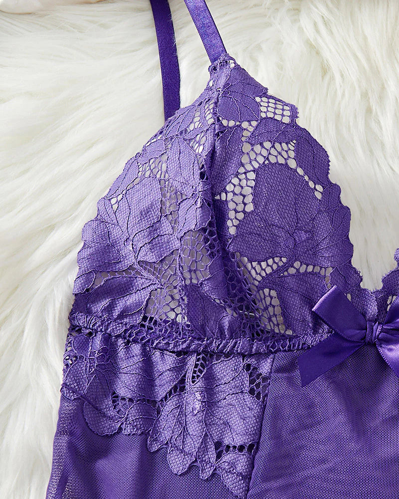 Sexy Deep V Flower Lace Mesh See-through Suspender Nightdress