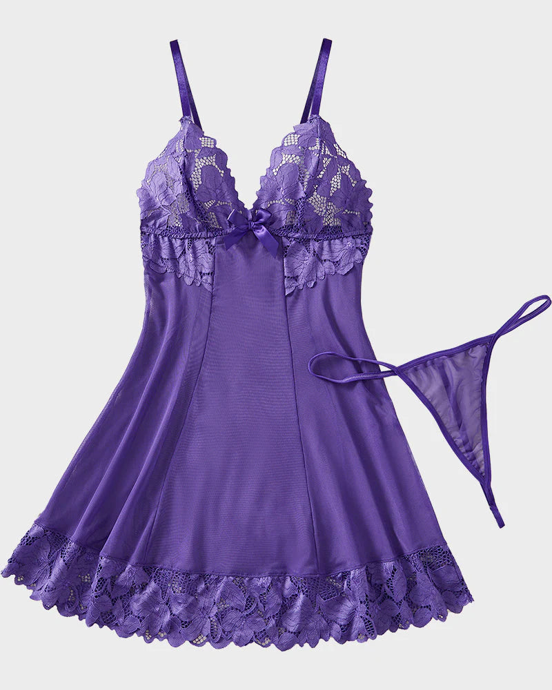 Sexy Deep V Flower Lace Mesh See-through Suspender Nightdress