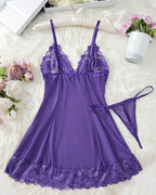 Sexy Deep V Flower Lace Mesh See-through Suspender Nightdress