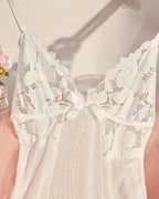 Sexy Deep V Flower Lace Mesh See-through Suspender Nightdress