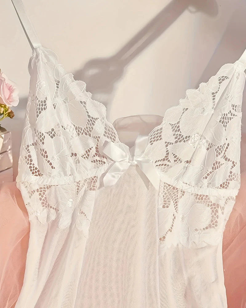 Sexy Deep V Flower Lace Mesh See-through Suspender Nightdress
