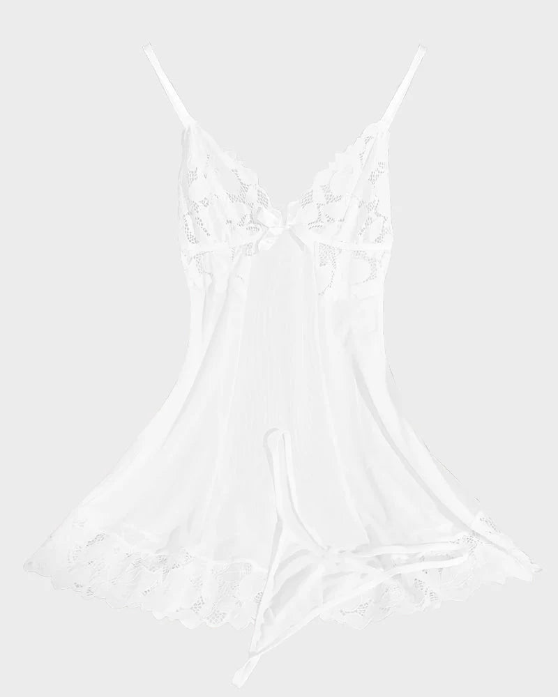 Sexy Deep V Flower Lace Mesh See-through Suspender Nightdress