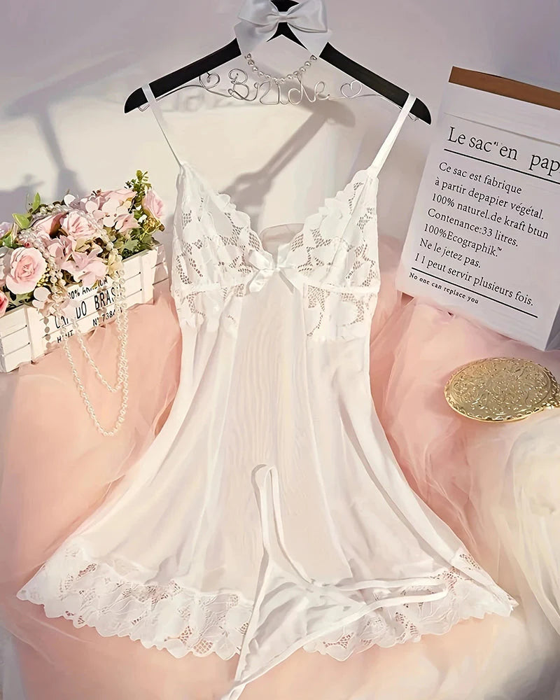 Sexy Deep V Flower Lace Mesh See-through Suspender Nightdress