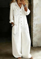 Women's Denim Retro Collared Long-Sleeved Wide-Leg Straight Jumpsuit