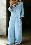 Women's Denim Retro Collared Long-Sleeved Wide-Leg Straight Jumpsuit
