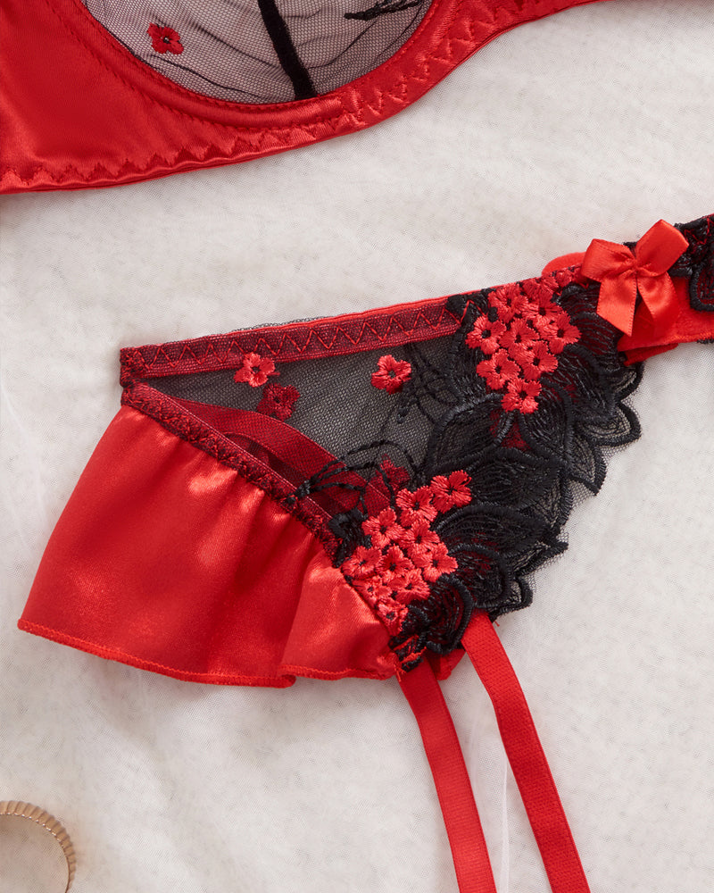 Floral Embroidery See-Through Mesh Colorblock Lingerie Set