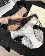Leopard Print Lace Patchwork Mesh See-through Cutout Bell Bow Decoration Panties
