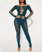 Sexy Leopard Print Jacquard Pearl-embellished Cutout Long-sleeved Jumpsuit