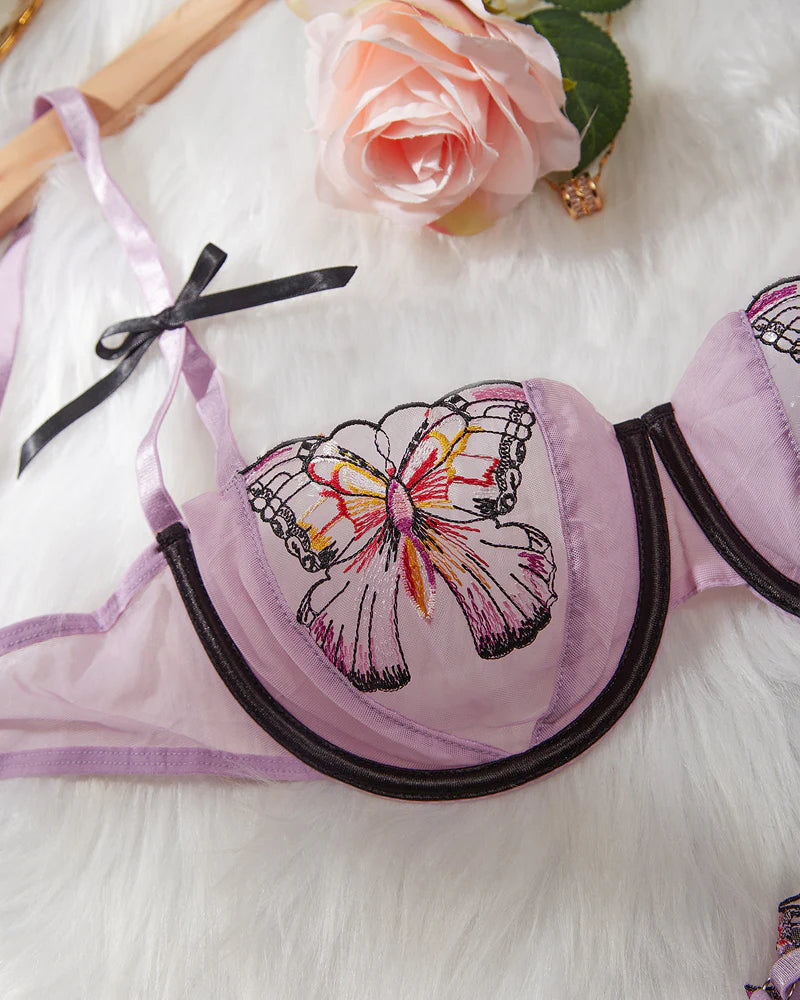 Sexy Sheer Mesh Butterfly Embroidery Underwire Bra and Panty Set