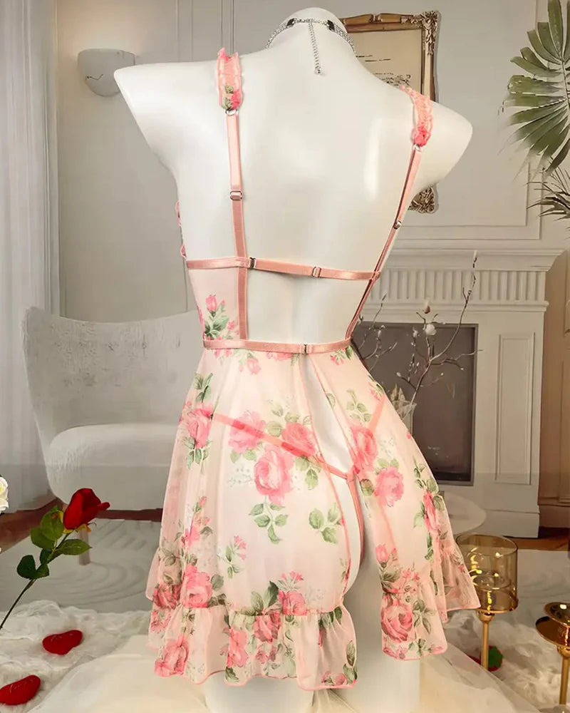 Deep V-neck Floral Print Sheer Mesh Ruffle Camisole Nightgown