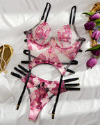 Sexy Deep V Colorblock Floral Embroidered Body-shaping See-through Lingerie and Garter Belt Set