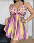 Plus Size Sexy V-Neck Colorful Embroidered Floral Backless Camisole Nightgown