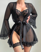 Sexy Lace Slip Dress Mesh See-through Tie-up Robe Loungewear Set