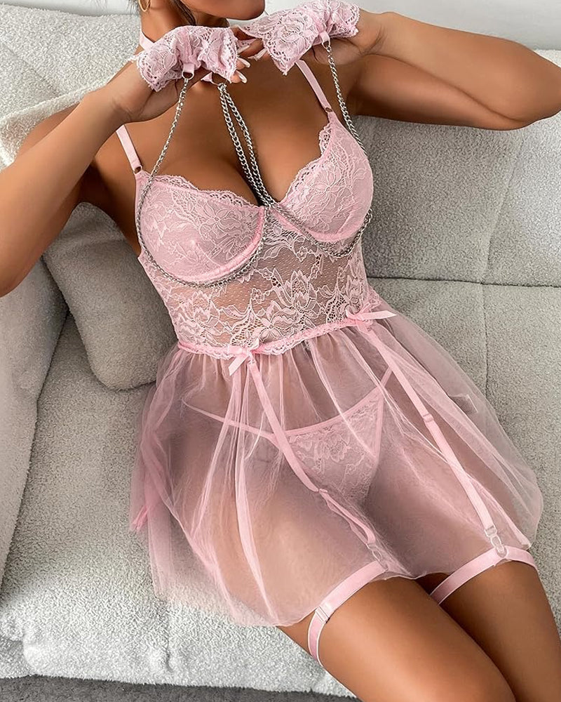 Sexy Lace Sheer Mesh Chemise and Thong Lingerie Set