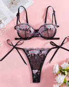 Sexy Mesh See-Through Floral Embroidery Tie-Bow Lingerie Set