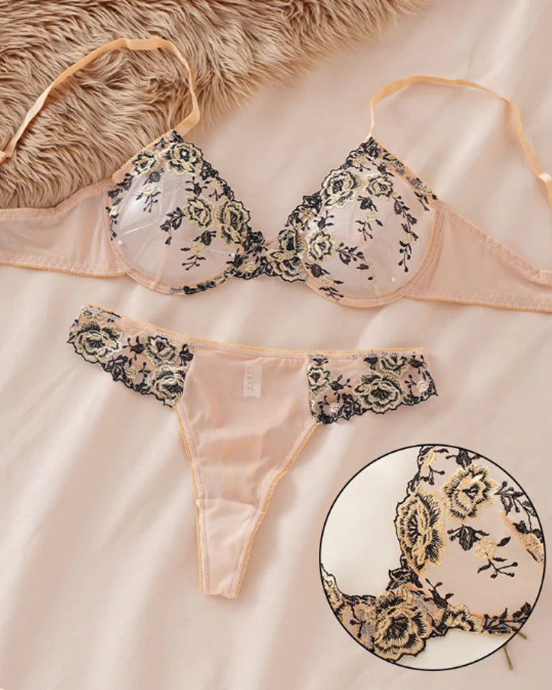 Sexy Push-up Embroidered Mesh See-through Lingerie Set