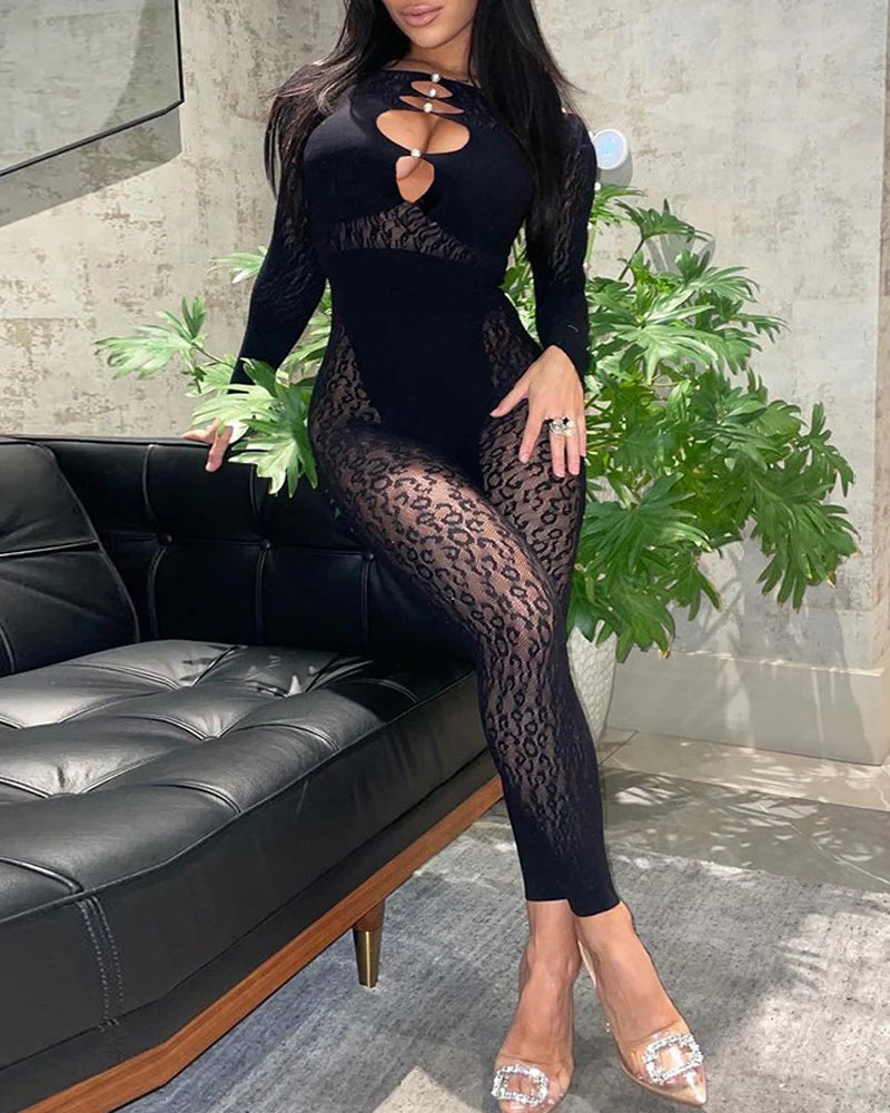Sexy Leopard Print Jacquard Pearl-embellished Cutout Long-sleeved Jumpsuit