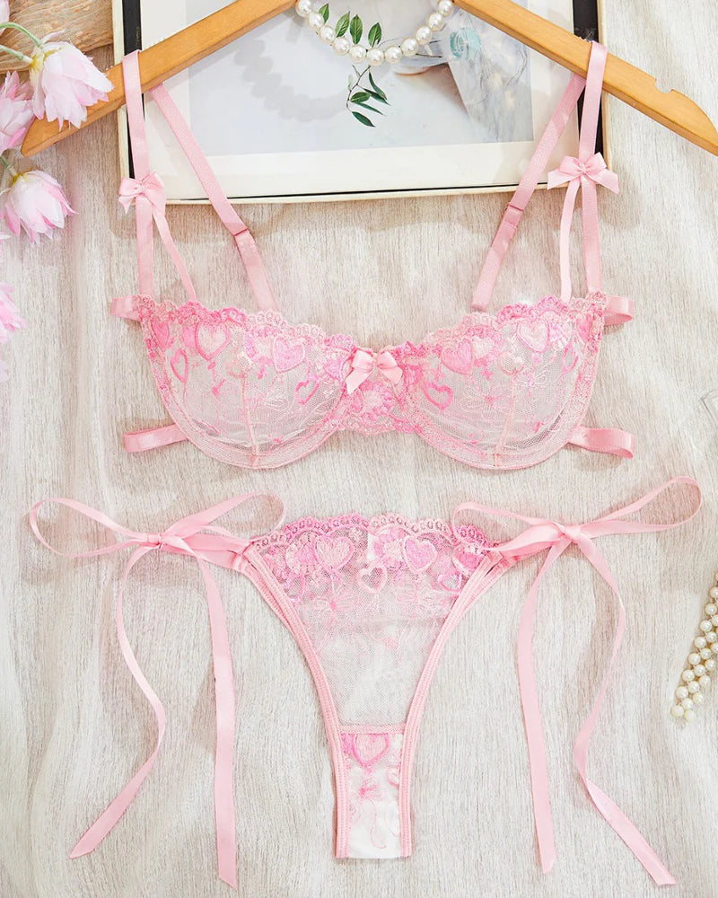 Sexy Mesh See-Through Floral Embroidery Tie-Bow Lingerie Set