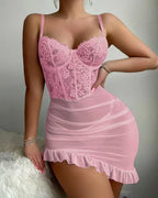 Foral Lace Ruffled Hem Mesh Sheer Camisole Nightgown