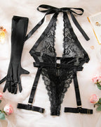 Deep V-neck Halter Neck Lace Sheer Bodysuit