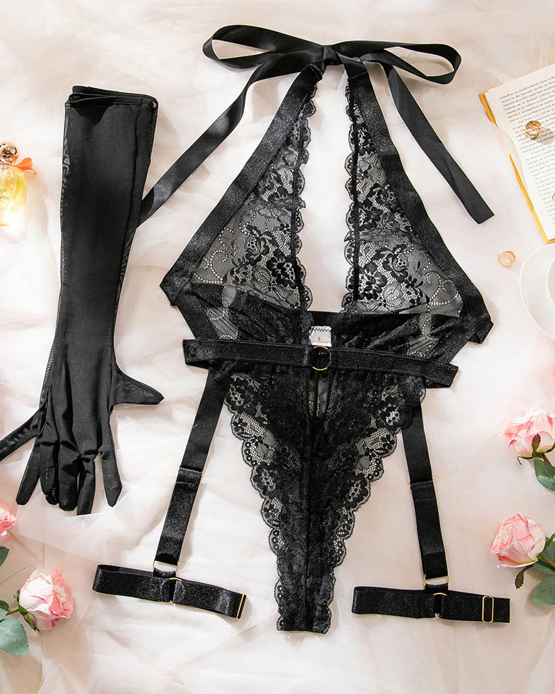 Deep V-neck Halter Neck Lace Sheer Bodysuit