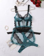 Sexy Colorblock Lace See-through Mesh Backless Lingerie Set