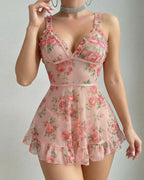 Deep V-neck Floral Print Sheer Mesh Ruffle Camisole Nightgown