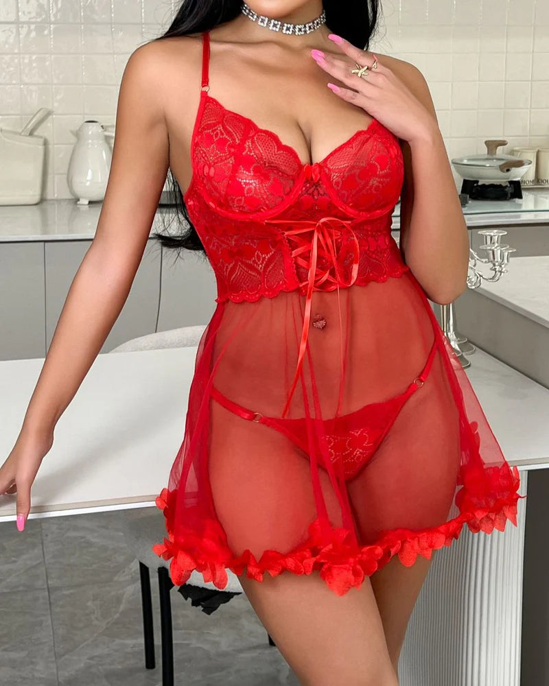 Valentine's Day Women's Lace Mesh Sexy Doll Dress Thong Set