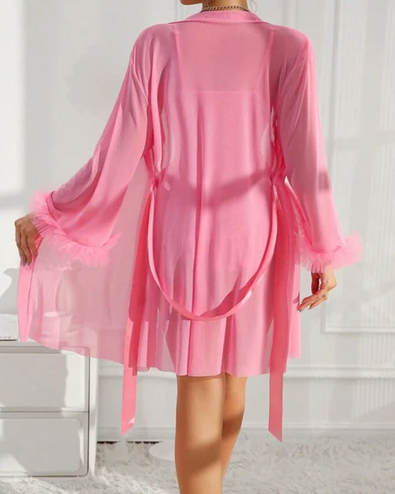 Lace See-through Mesh Camisole Nightgown and Robe Set