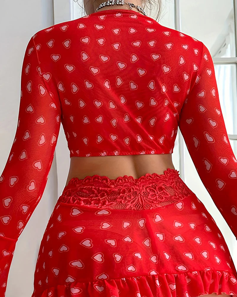 Sexy Heart-print Front-clasp Bra Long-sleeved Top and Skirt Lingerie Set
