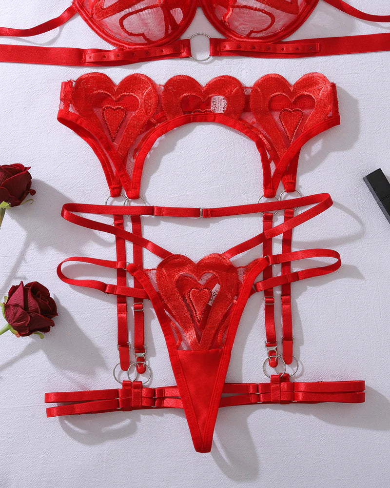 See-through Heart Embroidery Push-up Sexy Lingerie Set