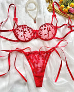 Sexy Sheer Mesh Heart-shaped Embroidery Underwire Lingerie Set