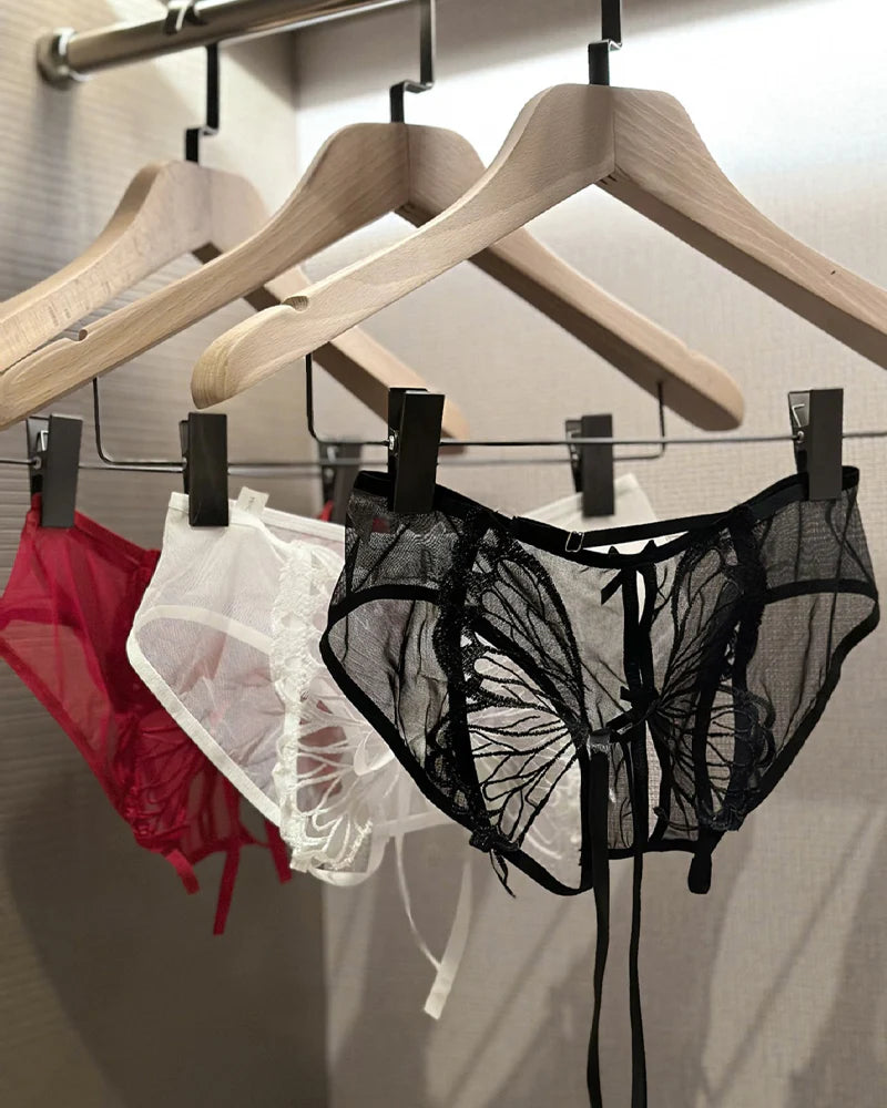 Butterfly Tie-up Hollow Lace Mesh Sheer Sexy Open-crotch Panties