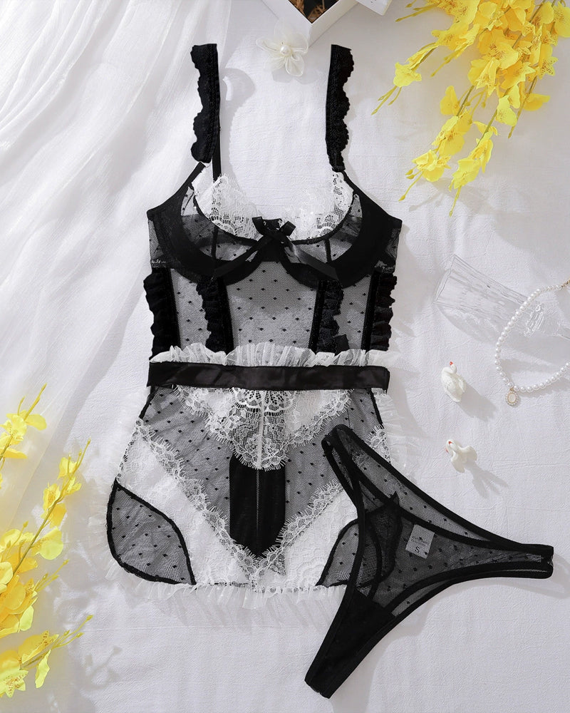 Sexy Colorblock Lace See-through Mesh Backless Lingerie Set