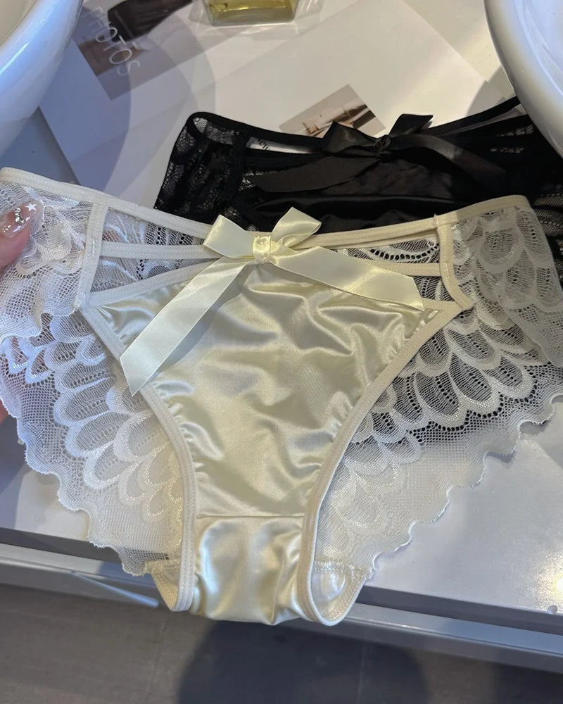 Sexy Low-rise Satin Bow-embroidered See-through Lace Panties