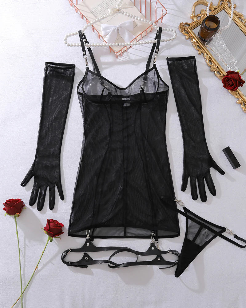 Sexy See-through Mesh Bodycon Dress with Gloves Set