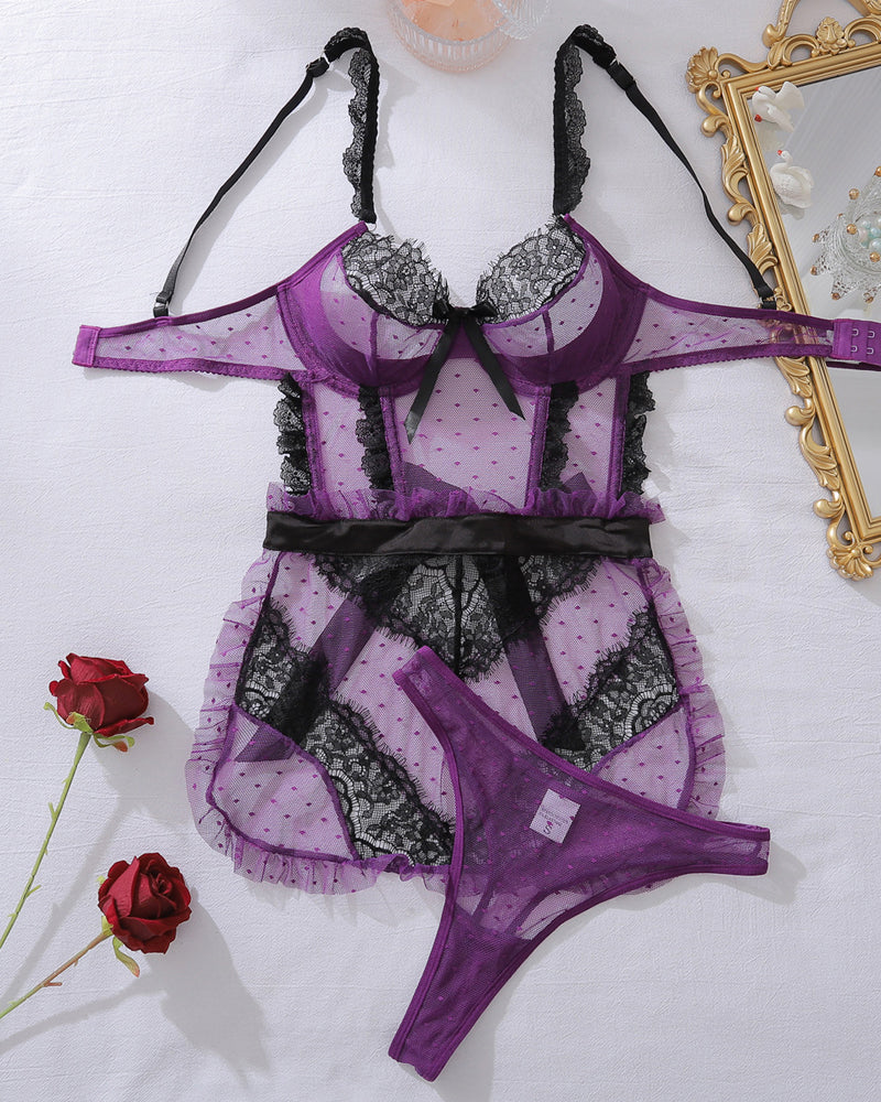 Sexy Colorblock Lace See-through Mesh Backless Lingerie Set