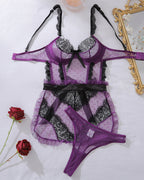 Sexy Colorblock Lace See-through Mesh Backless Lingerie Set