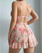 Deep V-neck Floral Print Sheer Mesh Ruffle Camisole Nightgown