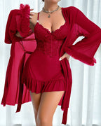 Lace See-through Mesh Camisole Nightgown and Robe Set