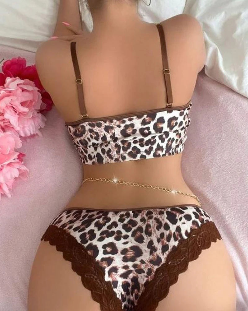 Leopard Print Lace Chain Bra and Panties Lingerie Set