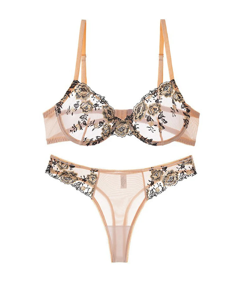 Sexy Push-up Embroidered Mesh See-through Lingerie Set