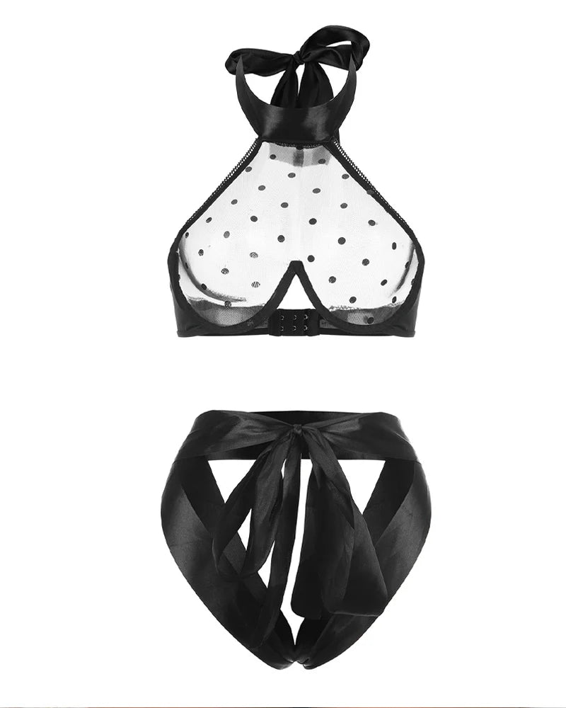 Polka Dot Sexy Backless Sheer Openwork Lingerie Set