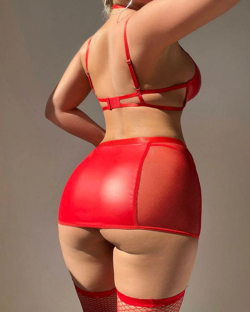 See-through Mesh Lleather Spliced Two-piece Lingerie Set