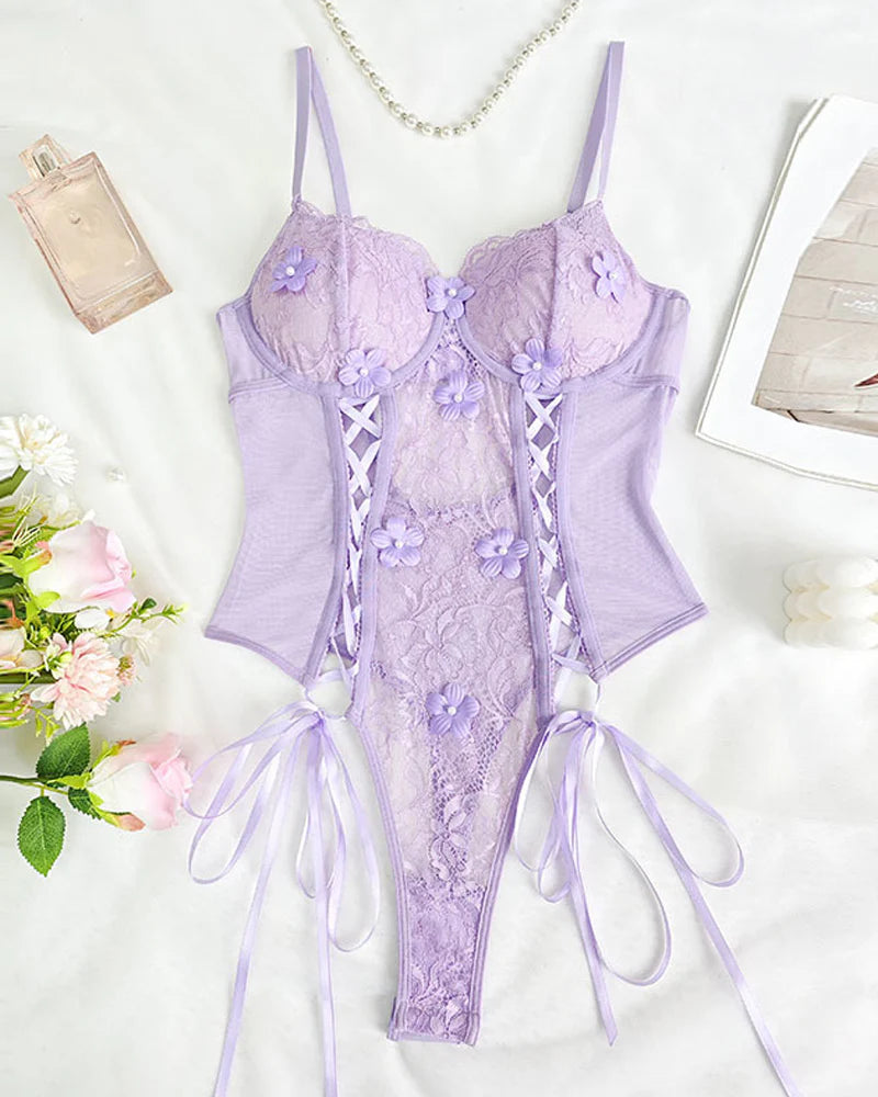 Deep V-neck Mesh Panel Halter Neck Open Back Bodysuit Lingerie