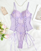 Deep V-neck Mesh Panel Halter Neck Open Back Bodysuit Lingerie