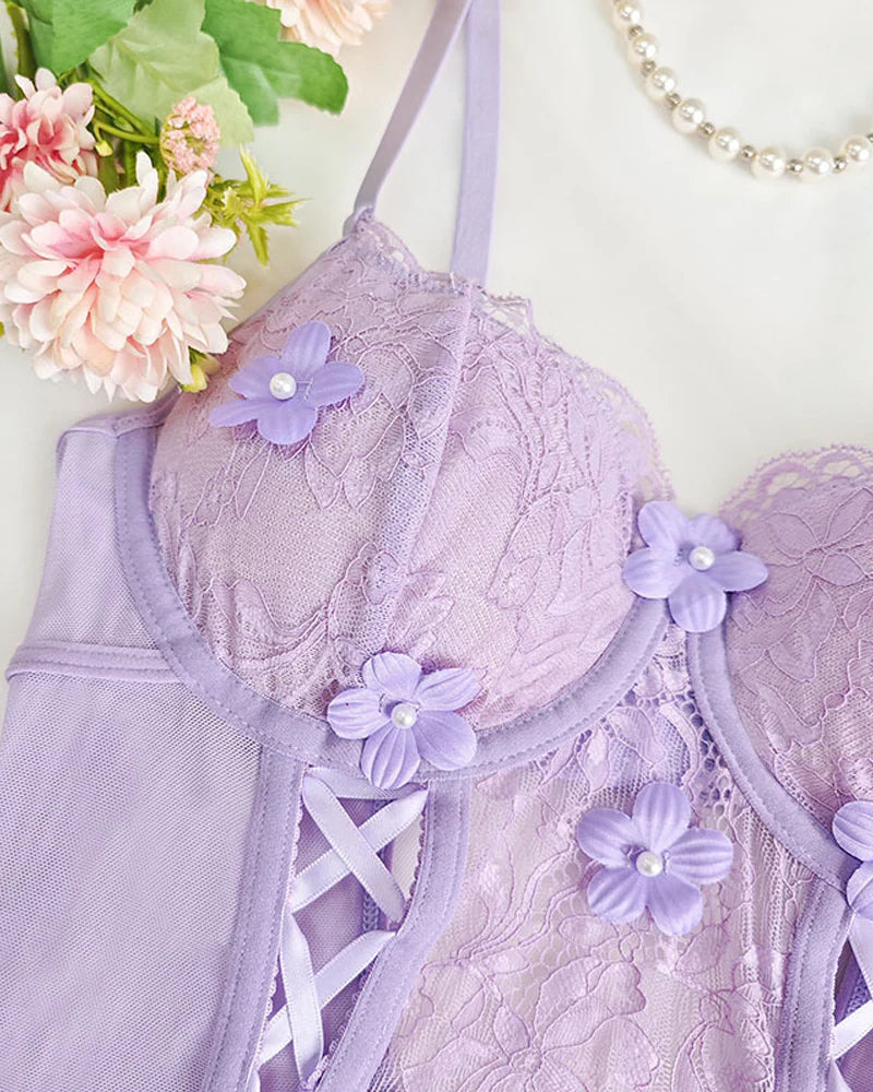 Deep V-neck Mesh Panel Halter Neck Open Back Bodysuit Lingerie